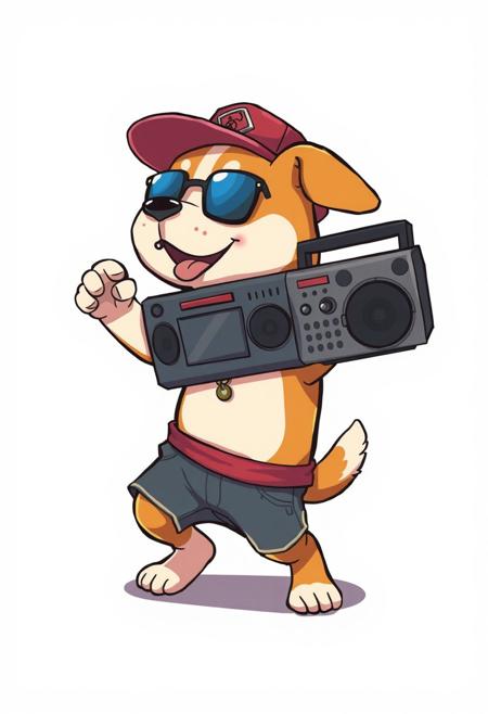 anime style, a dog break dancing with a boom box, chibi, breakdancing,