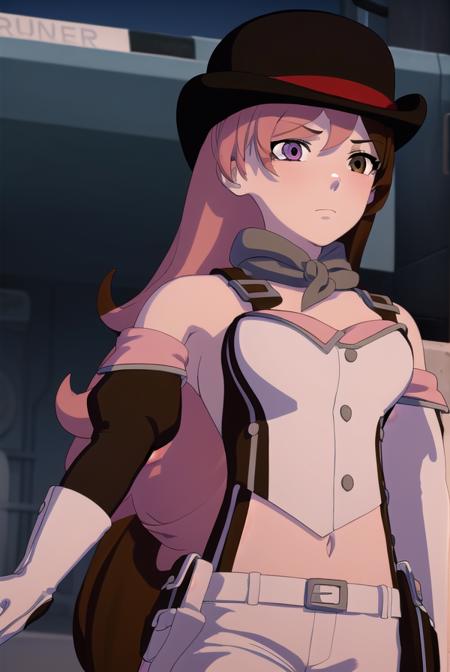 neopolitan, long hair, brown hair, (brown eyes:1.3), pink hair, multicolored hair, pink eyes, two-tone hair, (heterochromia:1.2), split-color hair, gloves, hat, navel, brown eyes, detached sleeves, midriff, belt, pants, white gloves, black headwear, bowler hat,