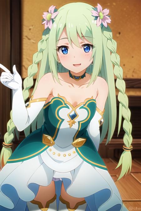 best quality, 4k, ((masterpiece)), extremely detailed, 8k, <lora:chikaa:0.9>, 1girl, solo, green hair, long hair, twin braids, hair ornament, hair ties, flowers, hair between eyes,  green dress, white gloves, elbow gloves, small breasts, blue eyes, choker, white thighhighs, looking at viewer, facing front, smile, portrait, indoors,