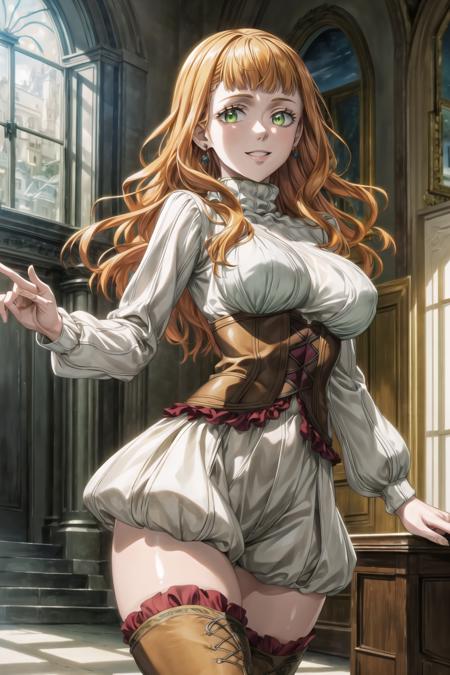 ((best quality)), ((highly detailed)), masterpiece, ((official art)),mimosa vermillion,orange hair, (green eyes, glowing green eyes),(floating hair), turtleneck sweater, corset, thighhighs,thigh boots, earrings, smile, looking at viewer, window, light smile, scenery, intricately detailed, hyperdetailed, blurry background,depth of field, best quality, masterpiece, intricate details, tonemapping, sharp focus, hyper detailed, trending on Artstation,1 girl, high res, official art