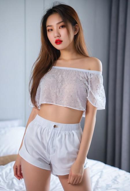 1girl, ((asian girl)), solo, long hair, looking at viewer, brown hair, shirt, navel, bare shoulders, cowboy shot, parted lips, shorts, midriff, indoors, off shoulder, mole, blurry, crop top, short shorts, bed, blurry background, see through white shorts, see through off-shoulder shirt, red lips, photo, (((masterpiece))), ((photorealistic:1.4)), ((realistic:1.4)), ((best quality)), ((official art, extremely detailed CG unity 8k wallpaper)), ((highly detailed)), ((absurdres)), ((8k resolution)),