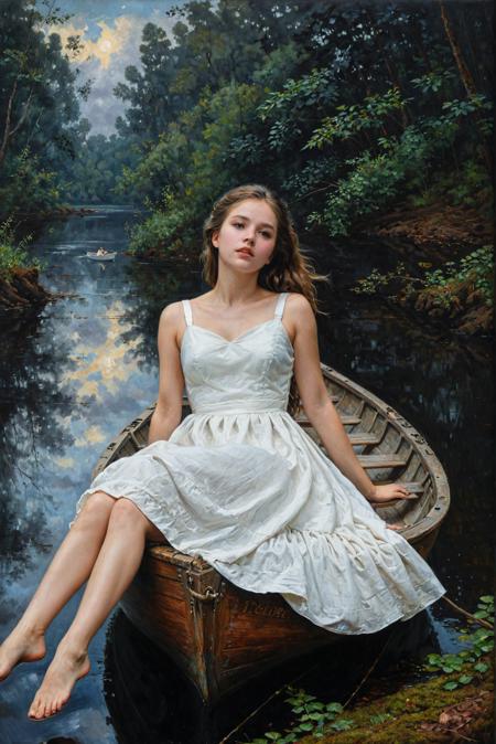 The girl is lying in the boat, white dress, full body,  (view from the side:1.2),  (dark shot:1.2), forest, sky, 
classic  oil painting art,
<lora:xl_more_art-full_v1:0.5>, (best quality, high resolution, extreme detail, outstanding composition, masterpiece:1.4),