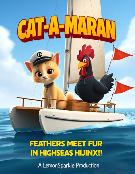 Animated Movie Poster, twin-hulled Catamaran, (Cute Kitty wearing Sailors hat) beside a (goofy chicken with black body and brown head) on a Catamaran, ocean racing Catamaran, Large Stylized Font Orange Top Title "Cat-A-Maran", bottom tagline "Feathers Meet Fur In Highseas Hijinx!", "A LemonSparkle Production" , pennant