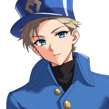 anime character male wearing a blue coat and a blue top hat