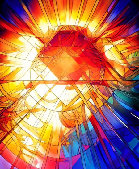 <lora:stained-glass-v1-000002:0.5>, rainbow, sun rays, (1girl), hair, bangs, eyes