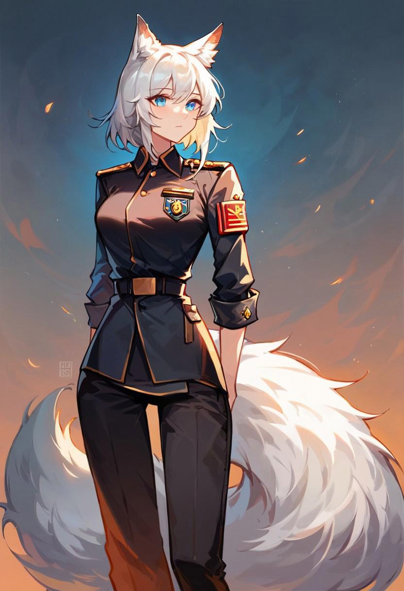 Score 9, Score_8_up, Score_7_up, knee-deep portrait of a young adorable woman, wolf girl, white skin, soft white hair, medium hair, thin waist, super narrow shoulders, medium breasts, extra thigh gap, super wide hips, round hips, wolf ears, Arknights Texa, blue eyes, girl leaned forward, eye contact, slim body, straight waist, very long fluffy tail, gigantic tail, black officer uniform, military pants, military uniform