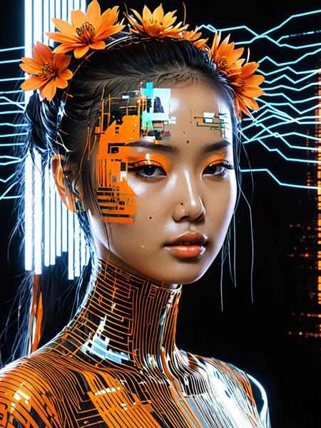 hyperrealism:  Asian woman, digital art, hologram, bigdata, high technology, sound wave, digital landscape, neural network, (Humanoid:1.2), reflection, masterpiece, 8k UHD resolution, high quality, professional photography, closed up,  black and orange color tones, wabi-sabi art, abstract , punk collage , (urbanpunk:1.1), flowerpunk, random textures, random graffiti strokes, kanji characters, surreal artwork, Impermanence<lora:add-detail-xl:1.0>