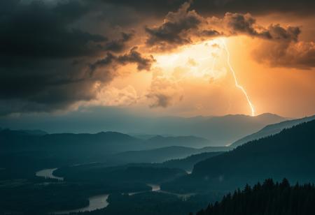 Medieval, D&D, high contrast, real photo, 4k, dramatic lighting, thunderstorm over a distant mountain range, rivers, forests and a bright flash of lightning, heavy cloud cover