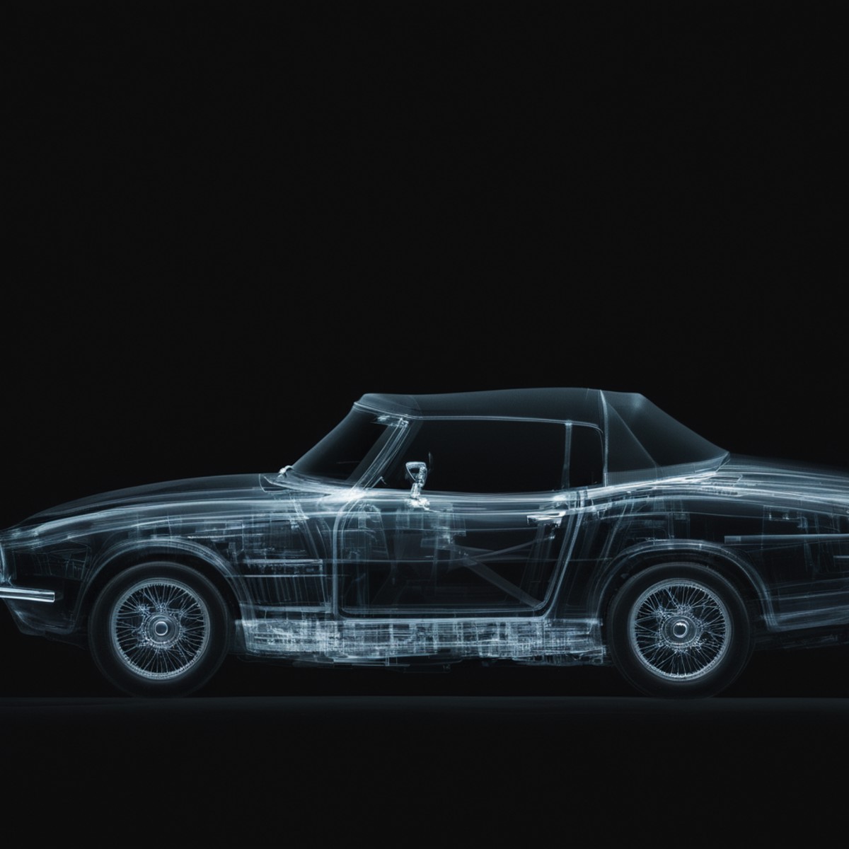 cinematic film still of  <lora:x-ray style:1> X-ray of
a convertible car with a transparent body on a black background
,x-...
