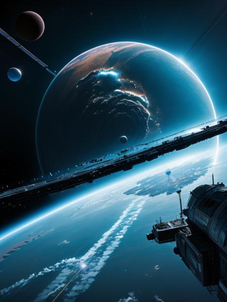 <lora:Space_Worlds_02_Dark_sdv1:1> sw02d_sd, in space, water planet, space nebula, planet decay, cyberpunk city, clouds, design,