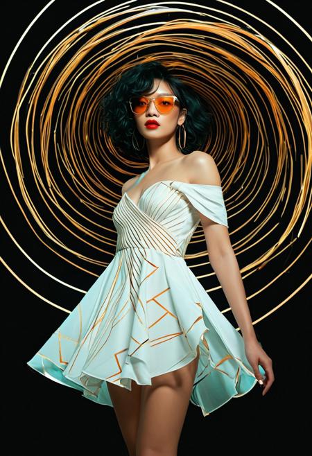 image of a 25yo, a young korean woman, pale fair skin, pretty, red lips, dark asymmetric shoulder-length hair cut hair, messy hair,  fashionable, A dark skin african  woman levitating above a spiraling vortex, her body draped in fabrics with geometric shapes. white dress, with orange gold shapes, teal while spirals light projection, light projection effect, neckbone, off-shoulder dress, dark background pitch black background, depth, artistic composition, surreal editorial photography, conceptual fashion art, bold color contrast, dramatic lighting, high-concept staging, hyperrealistic depth, avant-garde poses, stylized human figures, immersive narrative composition, fine art fashion fusion, visually striking surrealism, theatrical visual storytelling, high fashion, gel lighting, lighting projection from offscreen, projector, realism, poster, glass, tinted eyewear, digital glitch background, glass body, see-through, digital glitces, <lora:FF.101.juggernautXL_version6Rundiffusion.LORA:0.75> <lora:fenn_neoncolor:0.76> <lora:Elegence_Niji:0.8> <lora:mot_wwm:0.35> <lora:NeonSpectra:1>