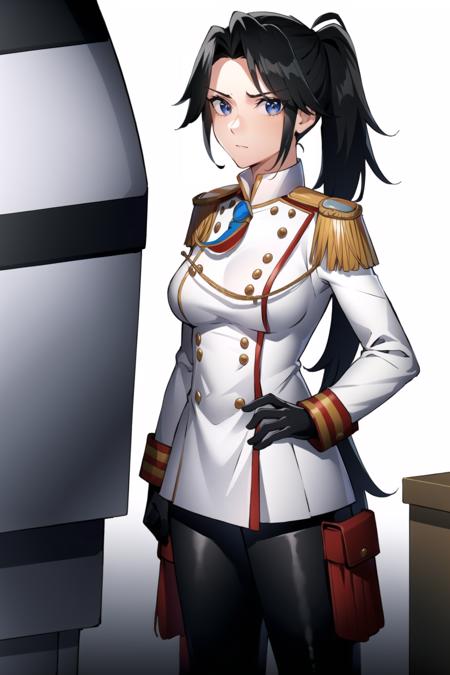 LotaraSarrin,1girl,standing,facing viewer,uniform,military uniform,long hair,ponytail,epaulettes,long sleeves,pants,black gloves,medium breasts,in boiler room, <lora:LotaraSarrin:0.8>