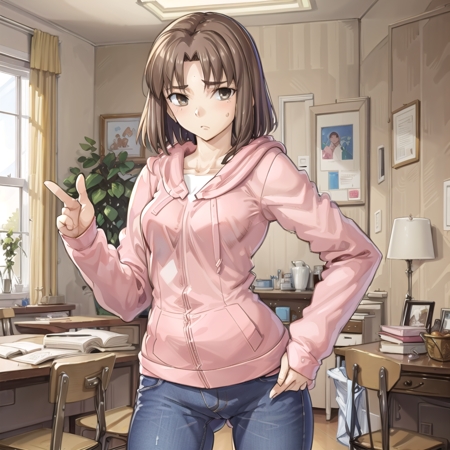 Ayako_Mitsuzuri a female anime character wearing skirt and black blouse standing  crossed arms, 1girl, solo, school uniform, homurahara academy school uniform, brown hair, crossed arms, skirt, short hair