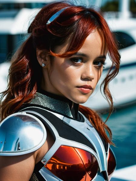 professional portrait photograph of a 25 year old, jenna ortega woman, <lora:jenna ortega woman v1a:1> with (long red hair), (wearing futuristic armor:1.2), (looking to the right in a yacht:1.2), summer <lora:DetailedEyes_V3:0.8> (pores:0.5) (freckles:0.2)