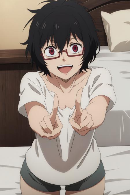 ((best quality)),((highly detailed)),masterpiece,absurdres,detailed face,beautiful face,(detailed eyes, deep eyes),1girl,((dynamic pose)),  <lora:SallyV1:0.7>Sally, solo, black hair, glasses, short hair, red eyes, open mouth, smile, messy hair, shirt, bed, t-shirt, :d, white shirt, short sleeves, short shorts, collarbone, looking at viewer, hair between eyes, scar