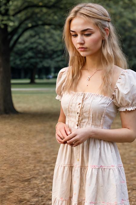 neysasynth, realistic, woman, wearing a cotton dress, in the park