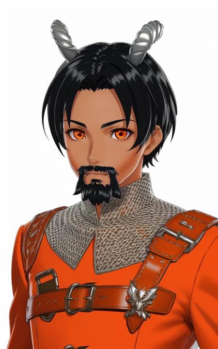 sehele style, (((tanned skin))), sajevtu, (((a man))), a male anime character in (((an orange coat))), black hair, (small goatee beard), ((two small twisted silver goat horns)), (((orange goat eyes))), chainmail coif, (((determined))), leather weapon harness, XIV Century Russian Soldier Uniform, silver silk sash, intricate patterns, 8k, unreal engine, octane render, 8k, 4k, Unreal Engine 5, octane render, trending on pixiv, fanbox, skeb, masterpiece, smooth soft skin, big dreamy eyes, beautiful intricate colored hair, symmetrical, anime wide eyes, soft lighting, concept art, digital painting, <lora:sehele:0.4>, <lora:sajevtu:0.4>