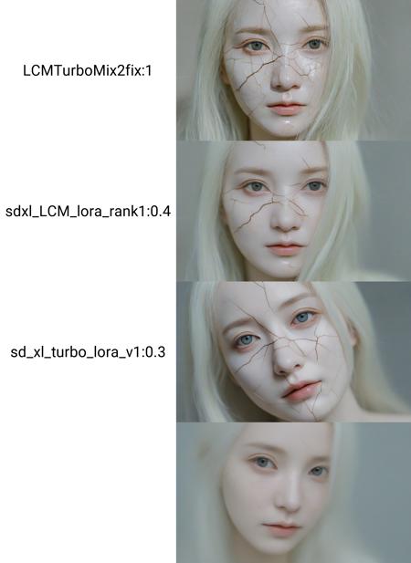 <lora:LCMTurboMix2fix:1>,portrait of a doll with porcelain kintsugi skin,cracked skin,shattered porcelain skin,deep fine cracks,kintsugi,soft focus,half body editorial shot,detph of field,uncanny,long white hair,stunning perfect shining eyes,pale skin,shy smile,intricitaly hyperdetailed,amazing depth,expansive details,cracked surface,iridescent surface,Anna Dittmann,Dominic Qwek,complex masterwork by head of prompt engineering,