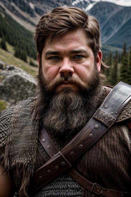 1boy, male focus, solo. Upper body portrait. Dwarven ranger, rugged mountainside, chainmail armor, crossbow, rugged and resilient, braided beard, keen eyes, tracking prey through rocky terrain.