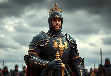 A highly realistic, photographic depiction of a powerful royal knight standing tall, exuding an aura of power and authority. He is adorned in a suit of armor that is predominantly black with elegant gold accents, a clear symbol of his identity, featuring a prominent gold emblem emblazoned on the chest. His matching black helmet with gold accents is topped with a gold crown, signifying his royal status. In his hands, he wields a black sword with gold accents, creating a harmonious color scheme, a tool of his trade and a symbol of his strength. Behind him, a group of people are visible but blurred, adding depth and context. The backdrop is a dramatic, gray and black cloudy sky with scattered clouds. This image captures a moment frozen in time, a snapshot of a knight in his element. High-res, 4K, Exceptional Quality, More Detail, Lifelike Details, Super Detailed Face and Eyes and Clothes (even if blurred), Handcrafted with Precision, High Quality, Sharp Lines, Stunning Colors, Harmonious Colors, Multi Colored (subtle atmospheric), Contemporary Aesthetics, Beautiful Matte Painting, Impeccable Composition, Creative Angle, Attractive Background, Balanced Editing, Intentional Focus, Well-timed Moment, Isometric (perspective influence), Dynamic Action Pose (subtle stance), Captivating Lighting (cinematic), Grammer Effect Style, Octane Render, Unreal Engine 5, CGSociety, Artstation Trending on ArtstationHQ, Golden Ratio.