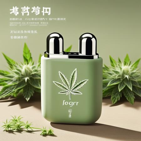 A promotional image capturing a serene and relaxed ambiance. At the center of the frame sits a headphone case, sleek and modern. The surface of the case boasts a beautifully detailed weed emblem, standing out as a centerpiece. Right below the weed , in elegant yet bold font, is the word 'marijuana'. Surrounding the product, soft lighting casts gentle shadows, creating a sense of depth. The backdrop consists of a tranquil scene, perhaps a light wooden table with subtle grain details, complemented by soft-focus green plants or flowers at the edges, which further enhances the calming mood.,marijuana, <lora:smokebox:0.8>