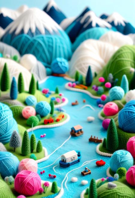 8k analog photo, Tilt shift photography style, bright tone photo, Unmanned, white and blue cargo ferry toy glides across the tranquil yarn lake nestled in the mountains, lake made of yarn, daylight, Lighting from above, Yarnworld,