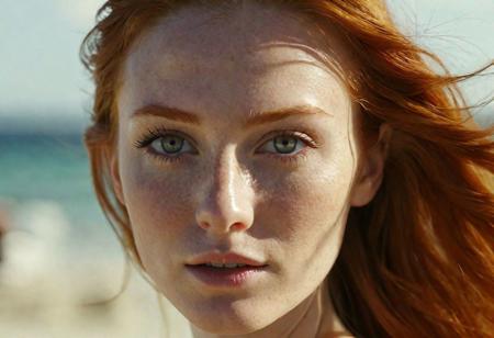 Hyperrealistic 32K UHD cinematic portrait of a ginger woman with light gray eyes, looking at the sun on a sunny beach day. Macro focus on her eyes reflecting the sun and sea, with detailed hair texture and sun-kissed skin. Created Using: ultra-high-definition camera, realistic beach environment, vivid and bright colors, detailed facial features, direct sunlight effect, high-resolution texture capture --ar 1:1 --v 6.0