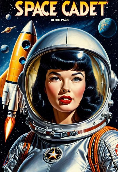 A realistic oil portrait of Bettie Page pinup woman wearing a antique retro-scifi style spacesuit, background of a retro-scifi rocketship spaceship, space scene, Text heading "SPACE CADET" in comic retro-sci font at the top
