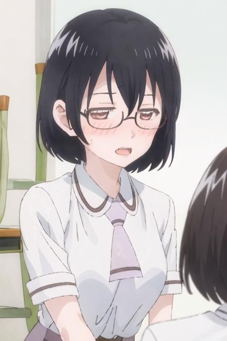 best quality, masterpiece, highres, solo, {kasumi_nomura_asobiasobase:1.15}, black_hair, glasses, short_hair, necktie, brown_eyes, 1girl, gym_uniform, opaque_glasses, shirt, white_shirt, open_mouth, short_sleeves, green_background, t-shirt