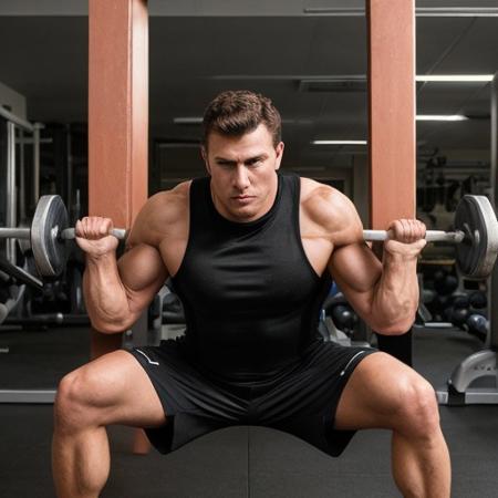 Handsome male fitness trainer doing squats, tight black shorts, muscle vest,
Hyperrealistic hyperdetailed cinematic photorealistic photo quality professional photography in the style of bel ami and Annie Leibovitz