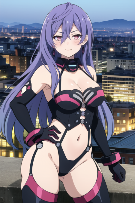 long hair,symbol-shaped pupils,blue hair,looking at viewer,power symbol,large breasts,1girl,very long hair,red eyes,smile,solo,blush,cleavage,pink eyes,gloves,jewelry,navel,earrings,purple hair,elbow gloves,bare shoulders,thighhighs,hair between eyes,medium breasts,black gloves,dominatrix,leotard,(((city background))),