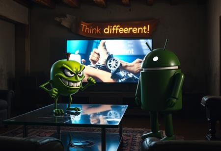"In a dimly lit, decaying Italian apartment, a cartoonish green apple with exaggerated, glaring eyes and twisted limbs faces off against the iconic Android logo robot. The apple, perched on a cracked glass coffee table, sports a menacing grin and clenched, vine-like fists. Opposite it, the Android robot, its green metallic surface tarnished and scratched, stands in a defensive stance with malfunctioning, twitching antennae and a glare from its flickering eyes.
The massive OLED TV on the wall displays a vivid Apple computer commercial, casting a cold, flickering light that illuminates the tense standoff. Shadows from the TV’s bright visuals stretch and distort across the room, adding a dramatic effect to the confrontation.
Above the TV, a warped cardboard sign reading 'Think Different!' , its flickering LEDs casting eerie, shifting shadows on the peeling stucco walls. The room, once elegant with exposed brick and wooden beams, now feels oppressive and claustrophobic, filled with the scent of mildew. The green apple’s glossy skin and the Android’s rusty body gleam under the unsettling light, emphasizing their contrasting forms and the bizarre, hostile encounter in this decrepit, tech-infused setting."