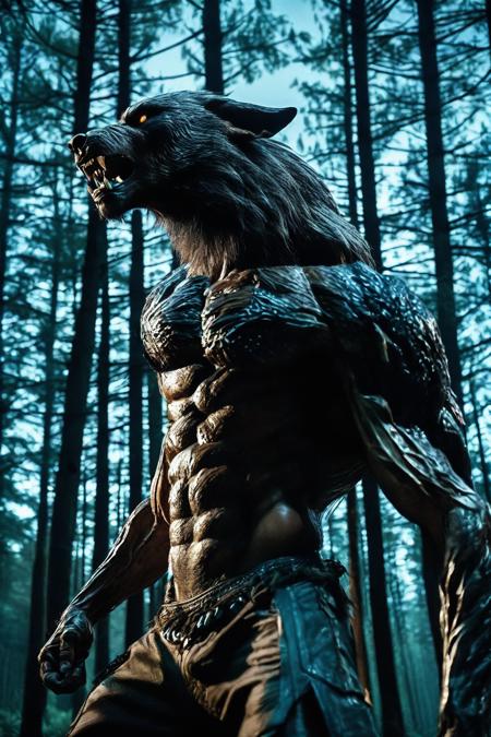 cinematic photo, western fantasy,  Transforming werewolf under the full moon, Dynamic and intense metamorphosis, Muscles bulging as bones reshape, Fierce expression reflecting the inner struggle, Shredded clothing caught in the transformation, Moonlit forest backdrop enhancing the atmosphere, Cinematic angle capturing the tension, Dramatic backlight adding depth, Focal length 55mm, aperture f/2.0, ISO 400, shutter speed 1/250.