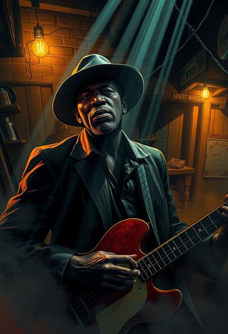A high-angle perspective illustration with volumetric lighting depicting Robert Johnson in a gritty Alabama bar.  Visible light beams through dust or fog, enhancing the dramatic mood. The illustration uses deconstructed portraits, layered textures, and a dynamic composition.