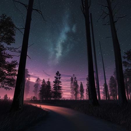 masterpiece, 8k, enchanted forest, beautiful sky, night, extremely detailed, slender black silhouette in the background, photorealistic