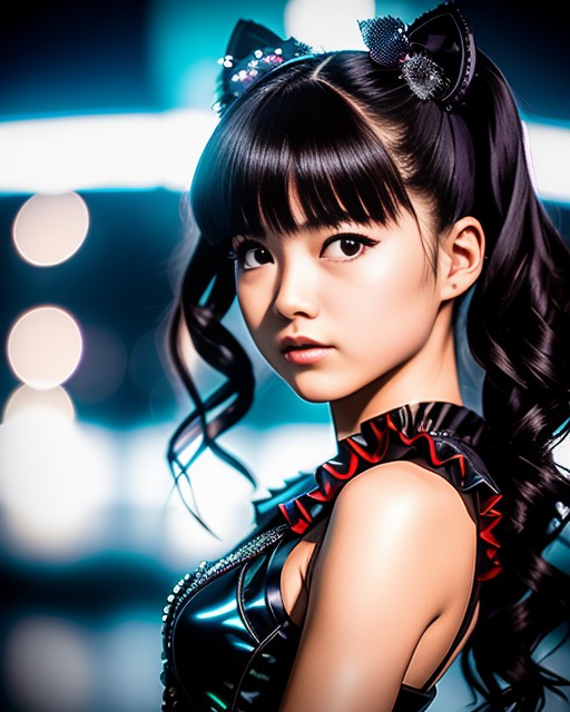 RAW photo, hyper real photo of japanese girl yuimetal with twintails hair in black dress with iridescent sequined outfit t...