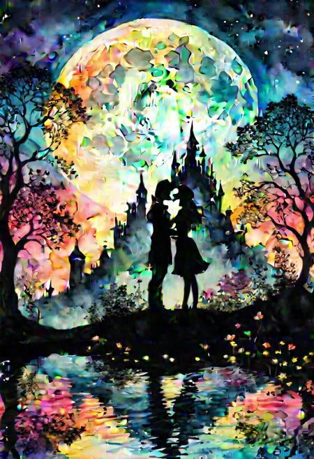 silhouette "a man and a woman":1.4  kissing in front of a full moon,
A silhouette of a castle is floating over the upper part of moon. (colorful Silhouettes of close up trees and flowers around the canvas). fairytale artwork, watercolor effect, in front of a pale full moon, still from a music video, grasping intricate filigree, or perhaps a fairy tale,realms, featured art, anthropomorphic. Splash effect in the background. masterpiece.