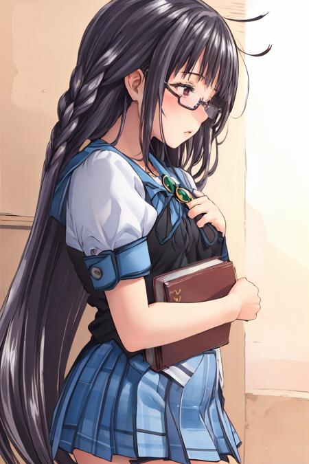 masterpiece, best quality, 1girl, (solo:1.5), walking,(classroom:1.5),<lora:Sakajo_Hikaru_v2-000190:0.9>, glasses, black hair, school uniform, serafuku, plaid skirt, twin braids, red eyes, blue sailor collar, white lace panties, green brooch, (thicc thighs:1.2), (black vest:1.2) (very long hair, straight hair:1.5), embarrassed, (shy, insecure:1.5), (hands to chest:1.5), side view, profile, (hugging a book:1.5)