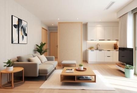 Design a 36m² apartment that blends modern Japanese, Indonesian/Javanese, and Scandinavian styles. The living room includes compact, space-saving modern furniture, such as a minimalist sofa and sleek, multi-functional coffee table. Scandinavian textures, like light-toned matte finishes and clean, smooth surfaces, replace wood textures. The walls feature pastel modern art-inspired wallpaper with geometric designs. The kitchen has pastel-colored cabinetry with Scandinavian minimalist finishes and integrated storage solutions. A shoji-style partition with Javanese batik patterns separates the areas. The decor includes sleek Scandinavian elements, indoor plants, and a three-color pastel palette of light neutral tones, soft off-white, and pastel accents like mint or blush