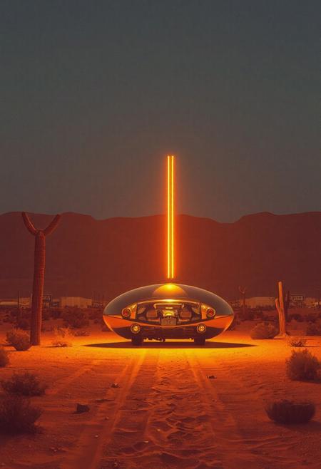 avant-garde, retro futurism , gold and chrome, daylight, california desert, 1970s, robert T, techno style