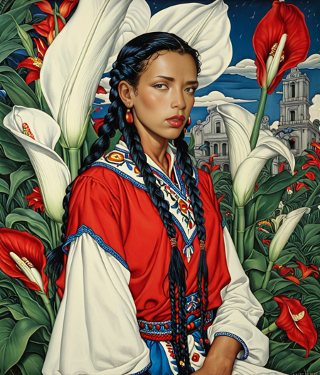 Mexican Muralism Heroine, style of Diego Rivera: A powerful, stoic woman with strong features and long, dark braids, wearing traditional, intricately embroidered clothing in vivid reds and blues, depicted surrounded by oversized, lush calla lilies and symbols of industry and culture, her form solid and monumental. woman
<lora:NaturalBodyV2.0-C:1> <lora:HyperdetailedColoredPencilV2:1>