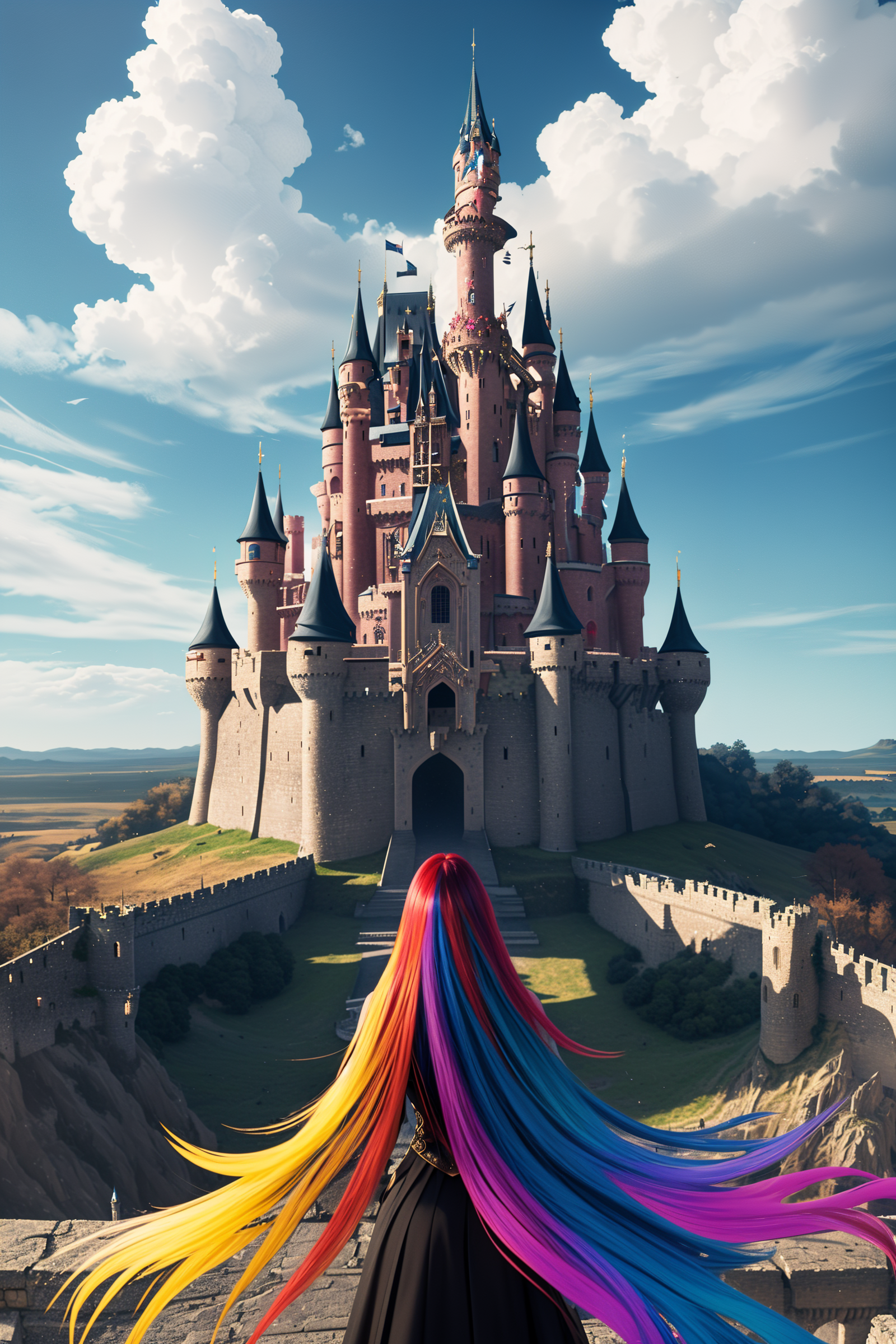 masterpiece, best quality, (realistic, highly detailed), cinematic artistic multicolored hair vortex, castle in background