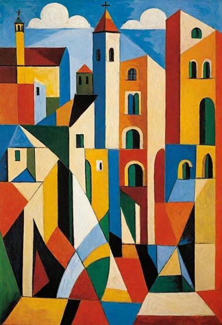 Generate an image in the cubist style of Pablo Picasso. The artwork should depict a fragmented and abstract interpretation of a busy urban landscape, using geometric shapes and a diverse, yet harmonious color palette to create a dynamic and multi-perspective view