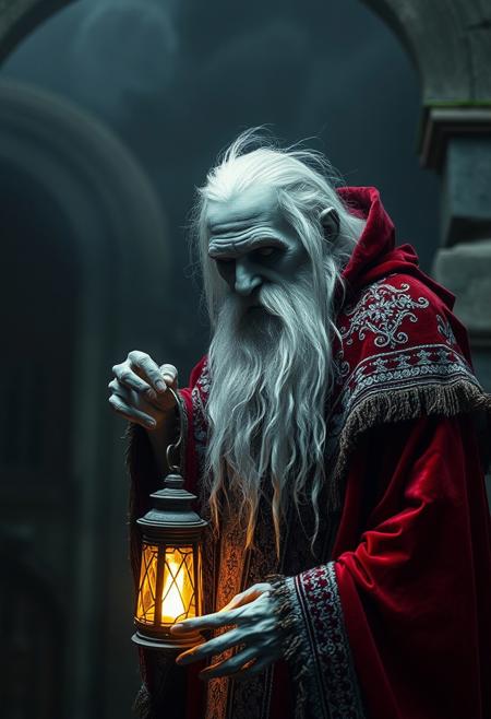 Very old Zombie Vampire Count dressed in a ornamented red velvet robe, long white hair, white beard, extremely thin, extremely old, white clay skin surface texture, horror scene, waiting for someone at the door of his castle with a lantern in his hand, at night , cold light, fog, mist,  top light, low saturation, tenebrism, highly detailed,  masterful photography studio