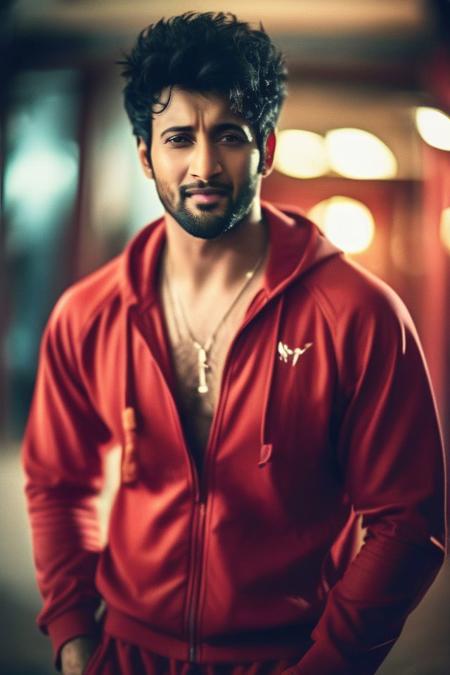 mahesh babu a man <lora:Rohit-Saraf_Mahesh-Babu:1>, realistic photo , in a worn ((red tracksuit, massive hairy pecs)), big pecs, big arms, ((light bokeh)), intricate, (steel metal [rust]), elegant, exuding sexual energy, homoerotic, sharp focus, photo by greg rutkowski, soft lighting, vibrant colors, (masterpiece), ((streets)), (detailed face), looking at viewer, light smile, night, walking towards viewer, cinematic lighting, beautiful lighting, cinematic lighting, (hazy filter, film grain:1.2)