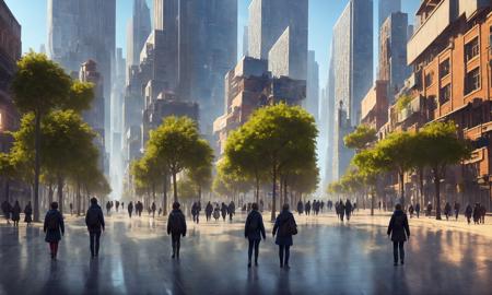 drawing of modern city , with people walking around, fine details, award winning image, highly detailed, 16k, cinematic perspective, , pretty colors, asymmetrical camera composition, cinematic environment, tk-env