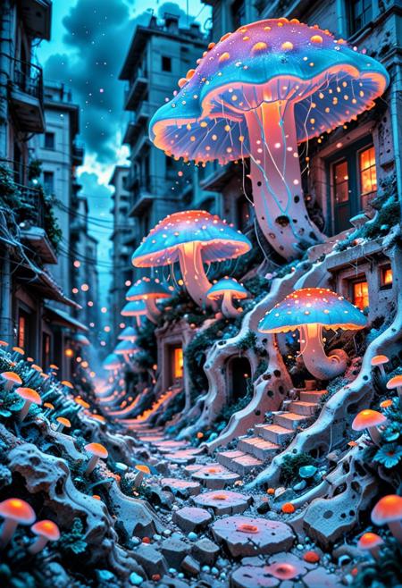 A surreal, wide-angle landscape where soft, candy-colored destruction unfolds gracefully—glowing mushroom clouds made of flowers, crumbling buildings drifting like confetti, tiny glowing fireflies, and skies that and pulse in hazy glowing gradients of coral and mint. flat colors, cel shading, comic book style, best_quality, amazing quality, masterpiece, absurdres, highres, very_detailed, extremely_detailed, ultra_detailed, sharp_focus, clean_lines, high_detail, intricate detail, Glowing Nature Contest