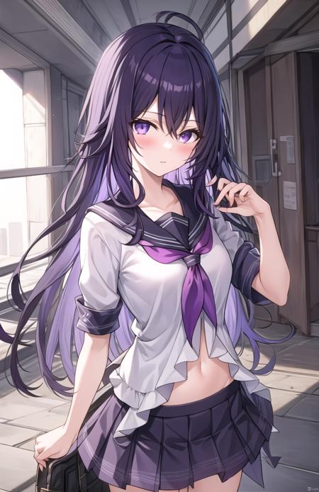 masterpiece, (ultra-detailed), 1girl, looking at viewer,  <lora:Seele_v3:0.4>, seele, purple hair, purple eyes, serafuku, skirt,