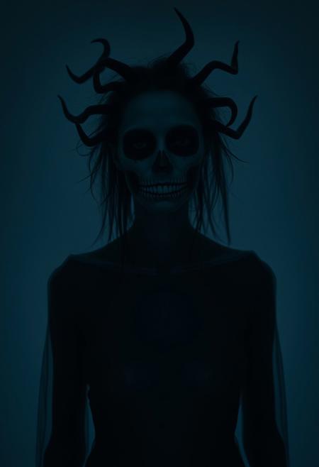 A soft pastel color image with high contrast and low key lighting.  A macabre dark fantasy scene portrayed in modernist photography. Deep shadows create a dramatic effect, yet maintain a gentle and soothing atmosphere.