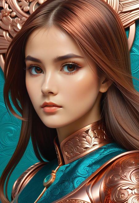 CopperCopper theme, intricate details, ultra sharp, exquisite detail, flawless composition, vivid colors, masterpiece, Super model, portrait, stoic, expressionless, beautiful, photorealistic, UHD, 8K, masterpiece, detailed, ultra_high_resolution, lots of detail, YurYuna, brown hair, modest, sfw, gorgeous, looks beautiful and aesthetic, colorful background, key visual, luxurious, artistic, high resolution, digital art, visual aesthetics, contemporary design, vibrant colors, artistic composition,  elegant, intricate detailing, modern,